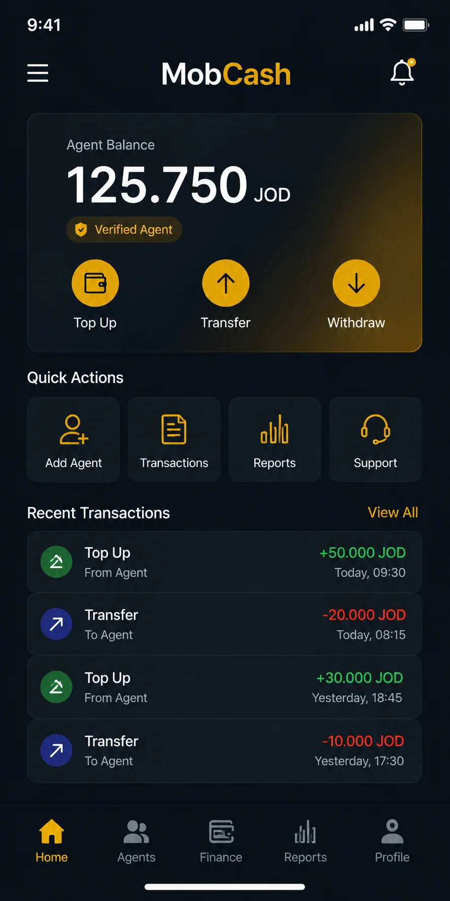 شاشة الرصيد في تطبيق وكيل MobCash